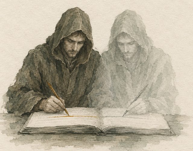 Двоє однакових писарів у каптурах над однією книгою; справжній пише бурштиновим чорнилом, блідий двійник веде пером по тому самому рядку